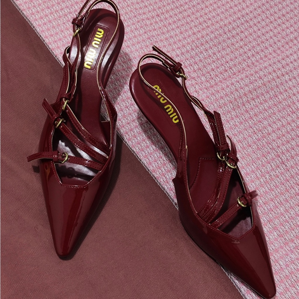Miu Miu Glossy Burgundy Pointed Slingback Mules